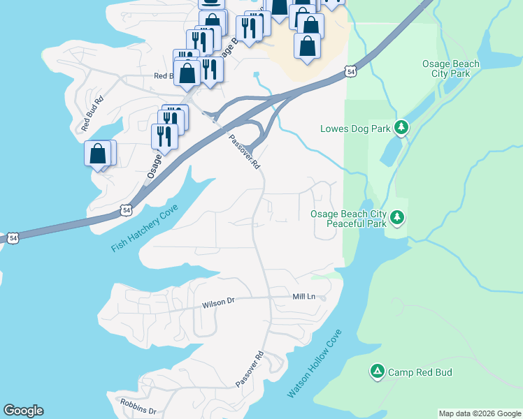 map of restaurants, bars, coffee shops, grocery stores, and more near 844 Passover Road in Osage Beach