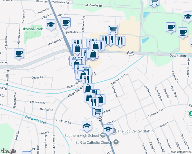 map of restaurants, bars, coffee shops, grocery stores, and more near 4212 Lambert Road in Louisville