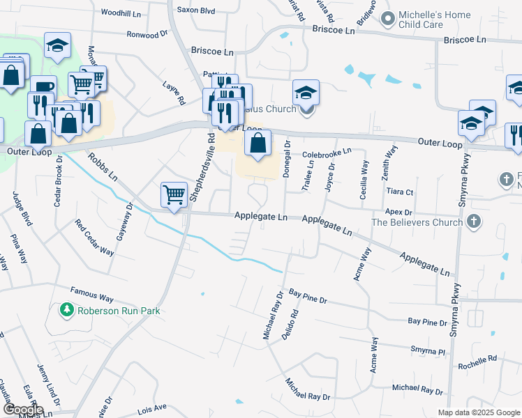 map of restaurants, bars, coffee shops, grocery stores, and more near 5700 Applegate Lane in Louisville