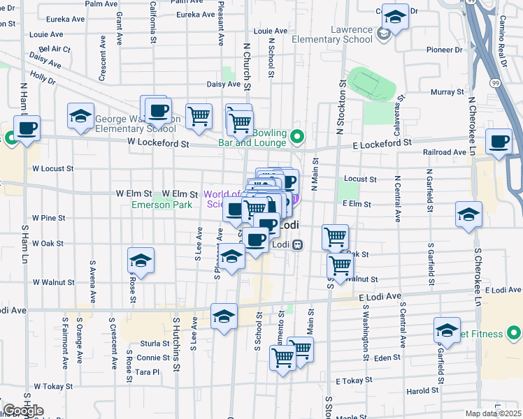 map of restaurants, bars, coffee shops, grocery stores, and more near 21 North School Street in Lodi