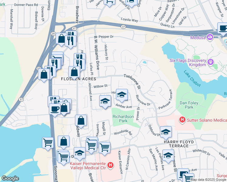 map of restaurants, bars, coffee shops, grocery stores, and more near 100 Peach Street in Vallejo