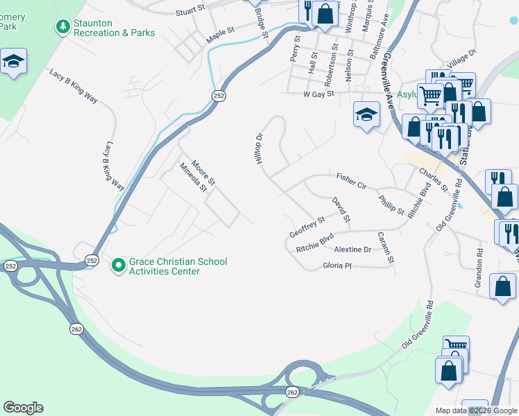 map of restaurants, bars, coffee shops, grocery stores, and more near 908 Moore St in Staunton