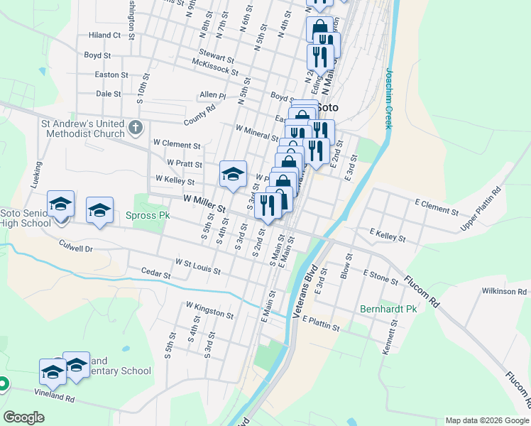 map of restaurants, bars, coffee shops, grocery stores, and more near 102 West Miller Street in De Soto