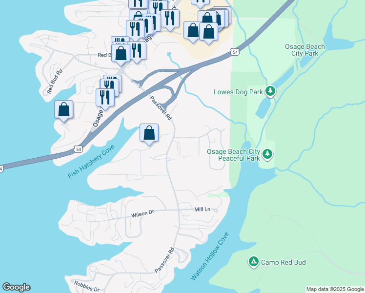 map of restaurants, bars, coffee shops, grocery stores, and more near 844 Passover Road in Osage Beach