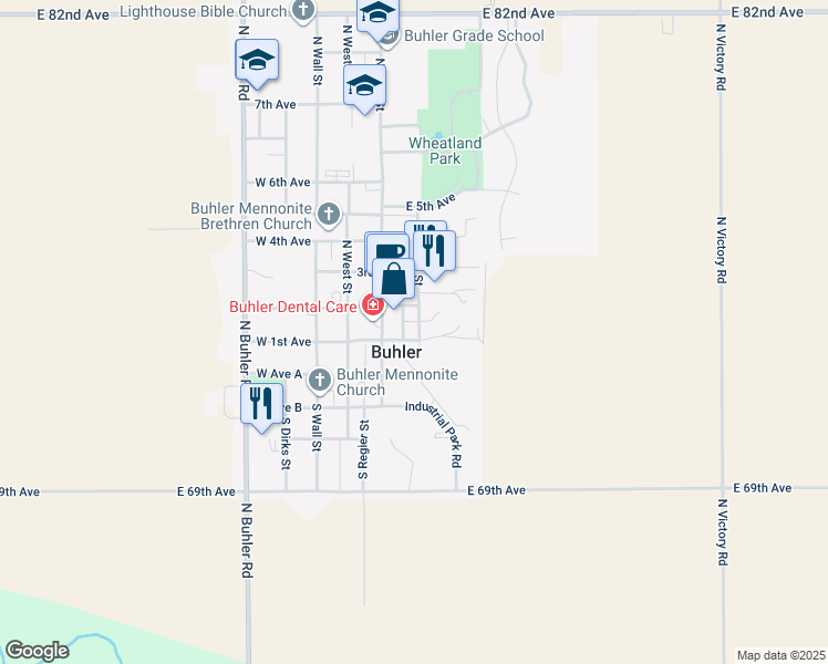 map of restaurants, bars, coffee shops, grocery stores, and more near 103 North Maple Street in Buhler