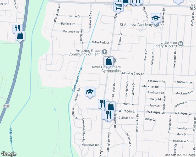 map of restaurants, bars, coffee shops, grocery stores, and more near 8202 Biscane Drive in Louisville