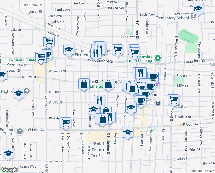 map of restaurants, bars, coffee shops, grocery stores, and more near 503 West Pine Street in Lodi