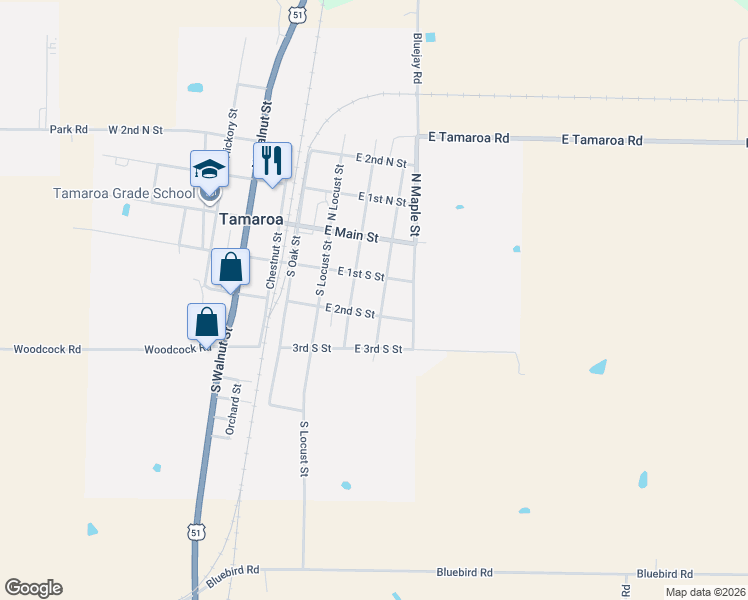 map of restaurants, bars, coffee shops, grocery stores, and more near 202 South Elm Street in Tamaroa