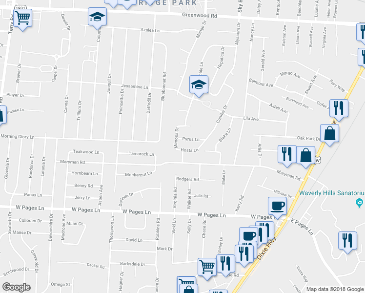 map of restaurants, bars, coffee shops, grocery stores, and more near 5309 Hosta Lane in Louisville