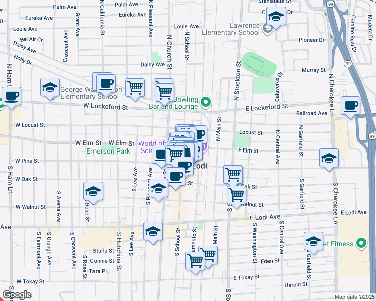 map of restaurants, bars, coffee shops, grocery stores, and more near 21 North School Street in Lodi