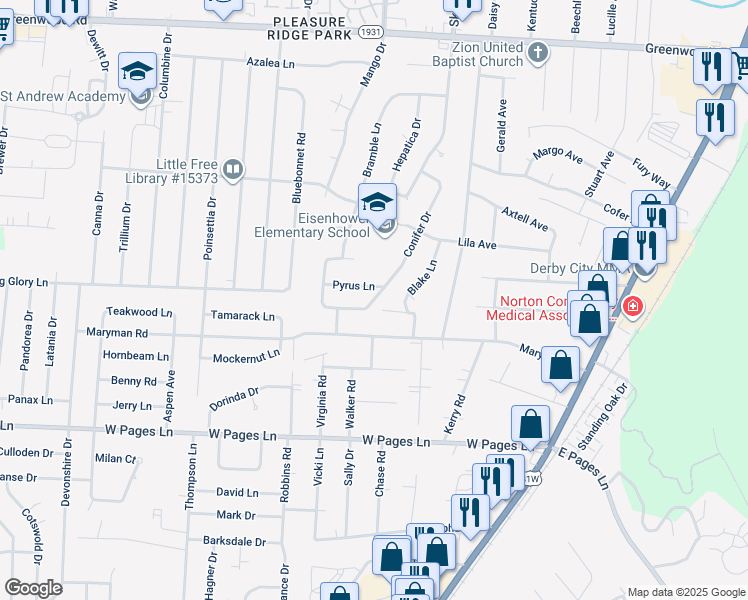 map of restaurants, bars, coffee shops, grocery stores, and more near 8017 Conifer Drive in Louisville