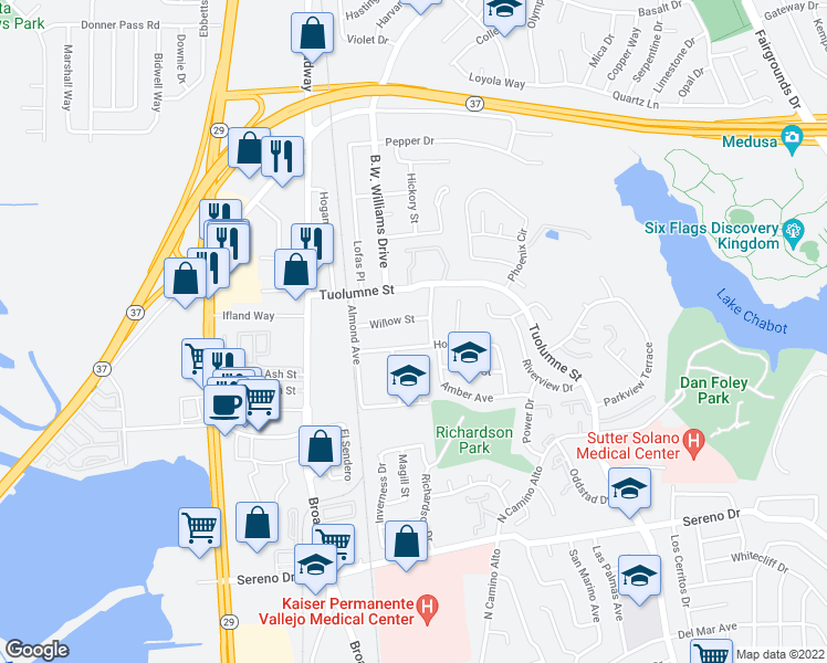 map of restaurants, bars, coffee shops, grocery stores, and more near 249 Willow Street in Vallejo