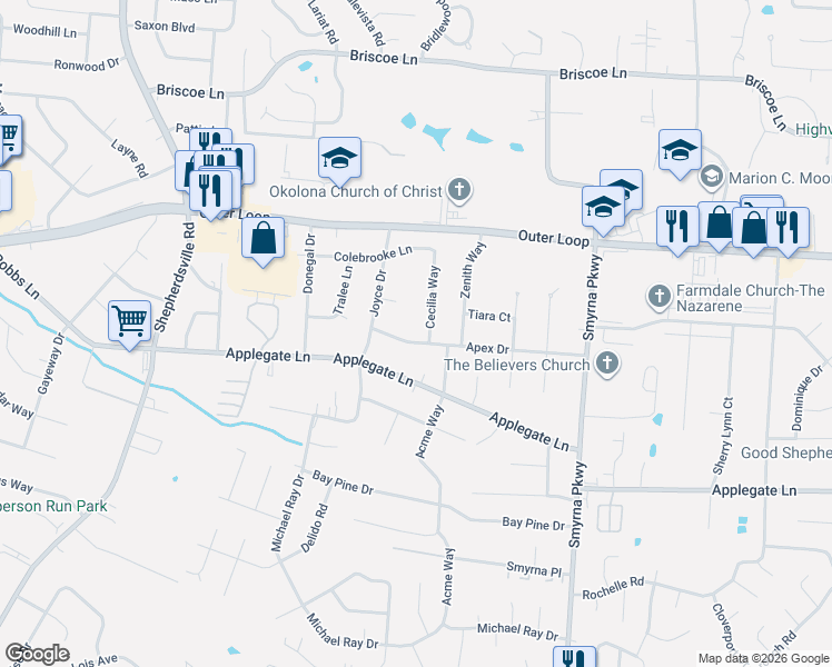 map of restaurants, bars, coffee shops, grocery stores, and more near 6018 Apex Drive in Louisville