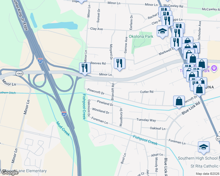 map of restaurants, bars, coffee shops, grocery stores, and more near 3513 Pinecroft Drive in Louisville