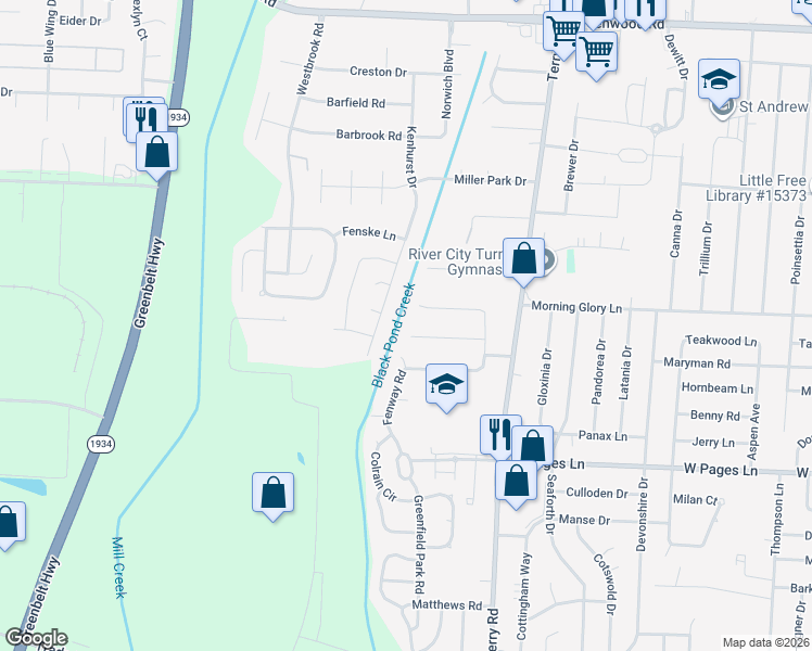 map of restaurants, bars, coffee shops, grocery stores, and more near 6812 Aron Road in Louisville