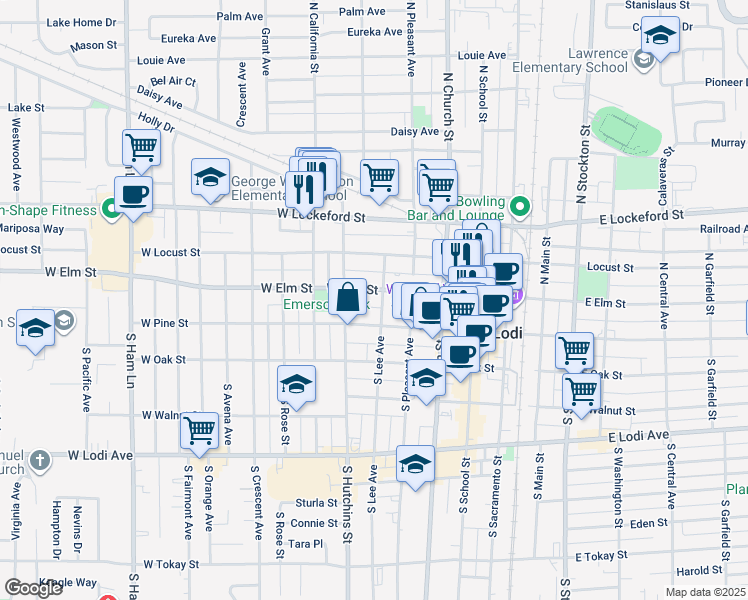 map of restaurants, bars, coffee shops, grocery stores, and more near 406 Elm Street in Lodi