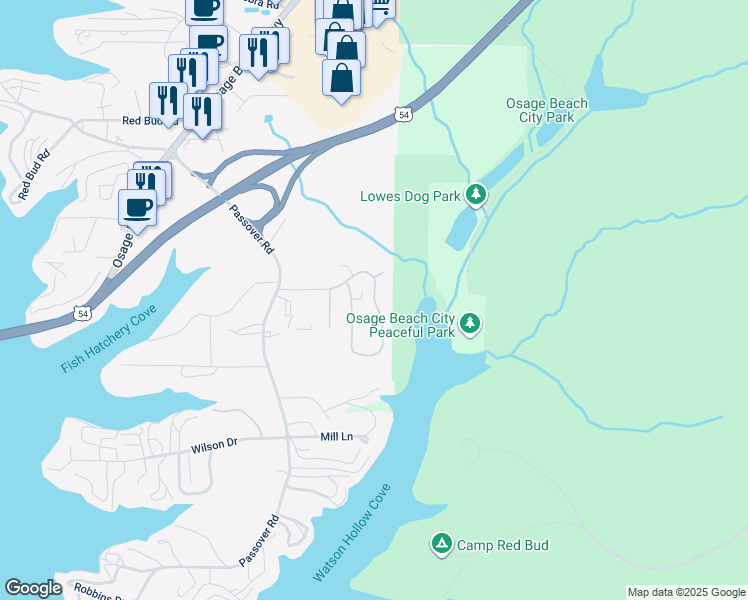 map of restaurants, bars, coffee shops, grocery stores, and more near 4514 Parkwood Circle in Osage Beach