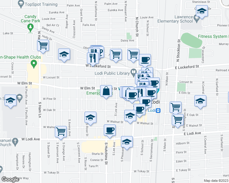 map of restaurants, bars, coffee shops, grocery stores, and more near 411 West Elm Street in Lodi