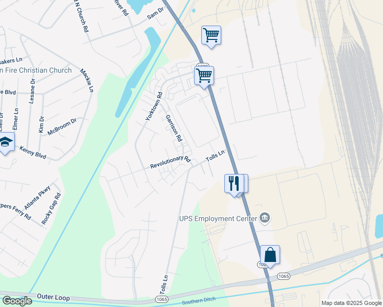 map of restaurants, bars, coffee shops, grocery stores, and more near 7603 Garrison Road in Louisville