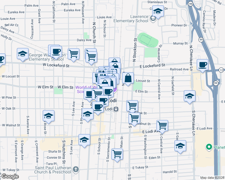 map of restaurants, bars, coffee shops, grocery stores, and more near 1 East Elm Street in Lodi