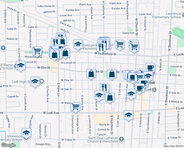 map of restaurants, bars, coffee shops, grocery stores, and more near 710 West Elm Street in Lodi