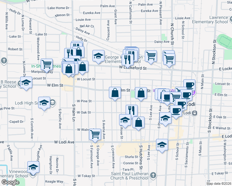 map of restaurants, bars, coffee shops, grocery stores, and more near 710 West Elm Street in Lodi