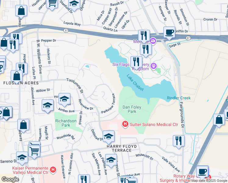 map of restaurants, bars, coffee shops, grocery stores, and more near 256 Parkview Terrace in Vallejo