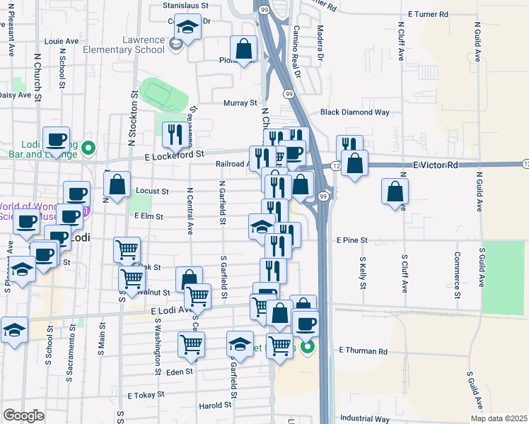 map of restaurants, bars, coffee shops, grocery stores, and more near 540 Locust Street in Lodi