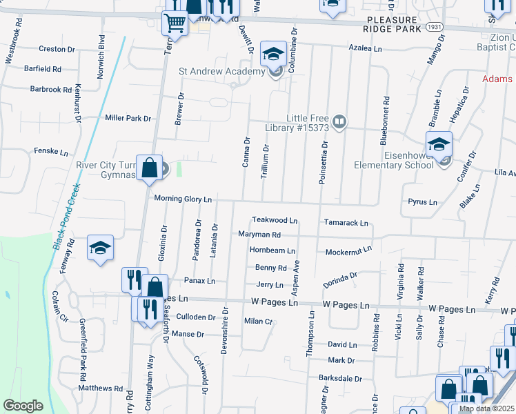 map of restaurants, bars, coffee shops, grocery stores, and more near 6102 Morning Glory Lane in Louisville