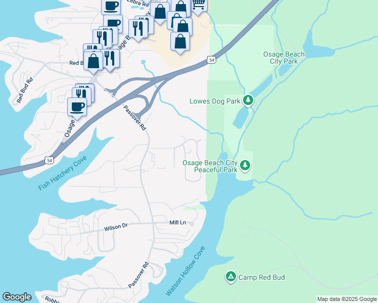 map of restaurants, bars, coffee shops, grocery stores, and more near 4514 Parkwood Circle in Osage Beach