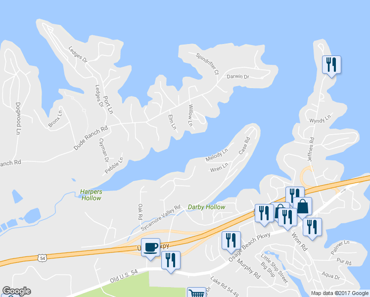 map of restaurants, bars, coffee shops, grocery stores, and more near 5380 Dude Ranch Road in Osage Beach