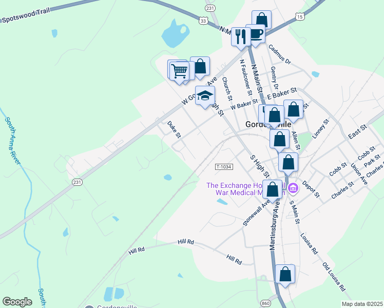 map of restaurants, bars, coffee shops, grocery stores, and more near 206 Duke Street in Gordonsville