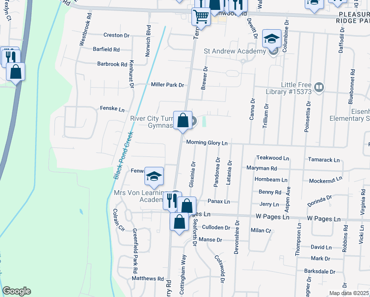 map of restaurants, bars, coffee shops, grocery stores, and more near 8106 Terry Road in Louisville