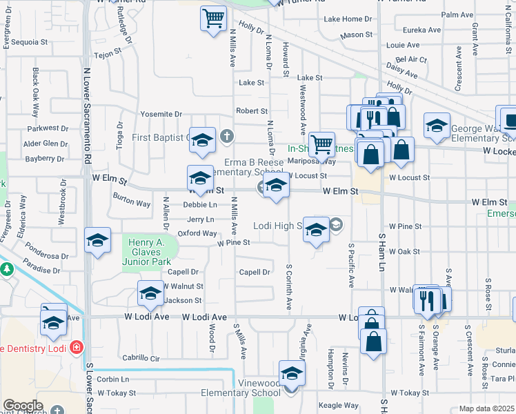 map of restaurants, bars, coffee shops, grocery stores, and more near 1800 West Elm Street in Lodi