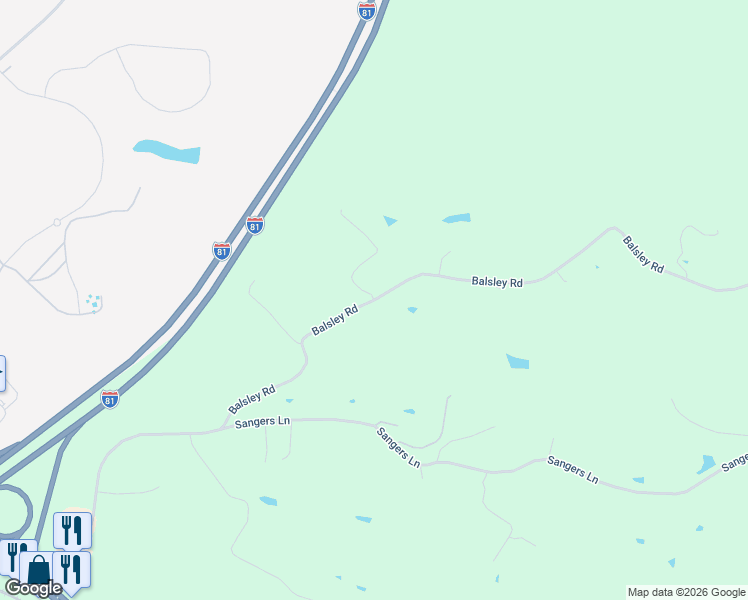 map of restaurants, bars, coffee shops, grocery stores, and more near Balsley Road in Staunton