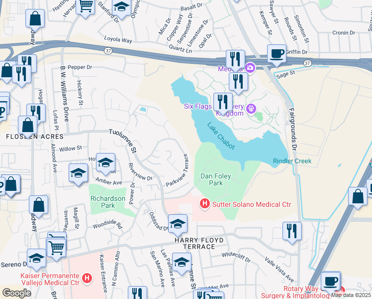 map of restaurants, bars, coffee shops, grocery stores, and more near 256 Parkview Terrace in Vallejo