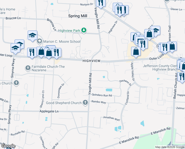 map of restaurants, bars, coffee shops, grocery stores, and more near 7701 Vaughn Mill Road in Louisville