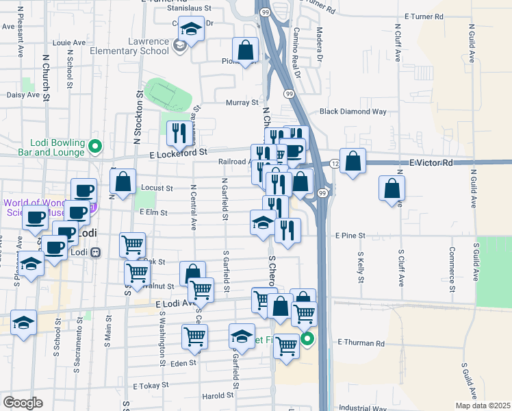 map of restaurants, bars, coffee shops, grocery stores, and more near 540 Locust Street in Lodi