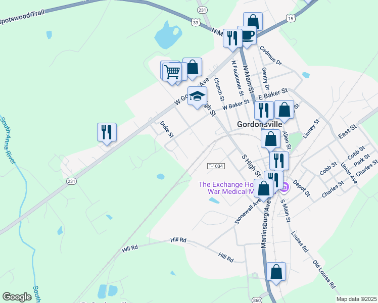 map of restaurants, bars, coffee shops, grocery stores, and more near 206 Duke Street in Gordonsville