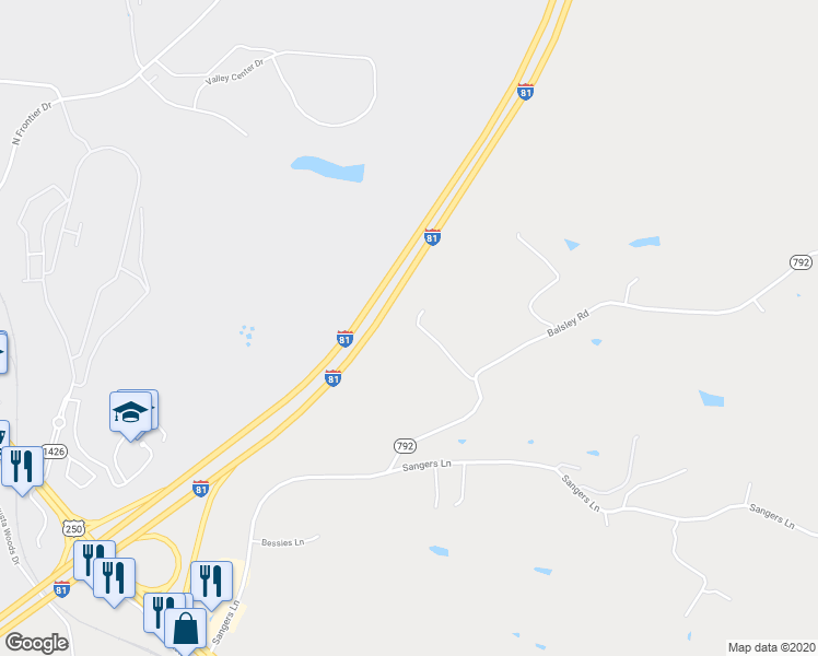 map of restaurants, bars, coffee shops, grocery stores, and more near 130 Balsley Road in Staunton