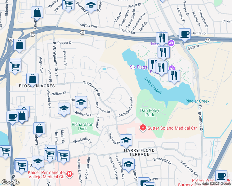 map of restaurants, bars, coffee shops, grocery stores, and more near 355 Parkview Terrace in Vallejo