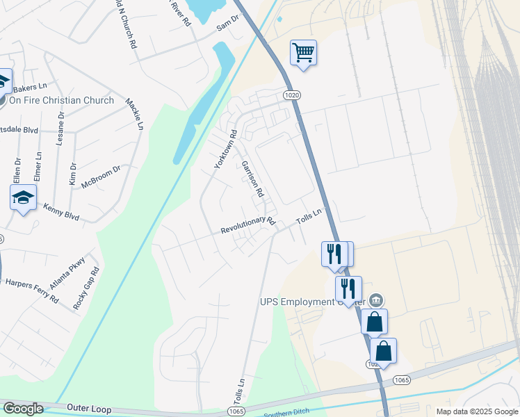 map of restaurants, bars, coffee shops, grocery stores, and more near 7602 Garrison Road in Louisville