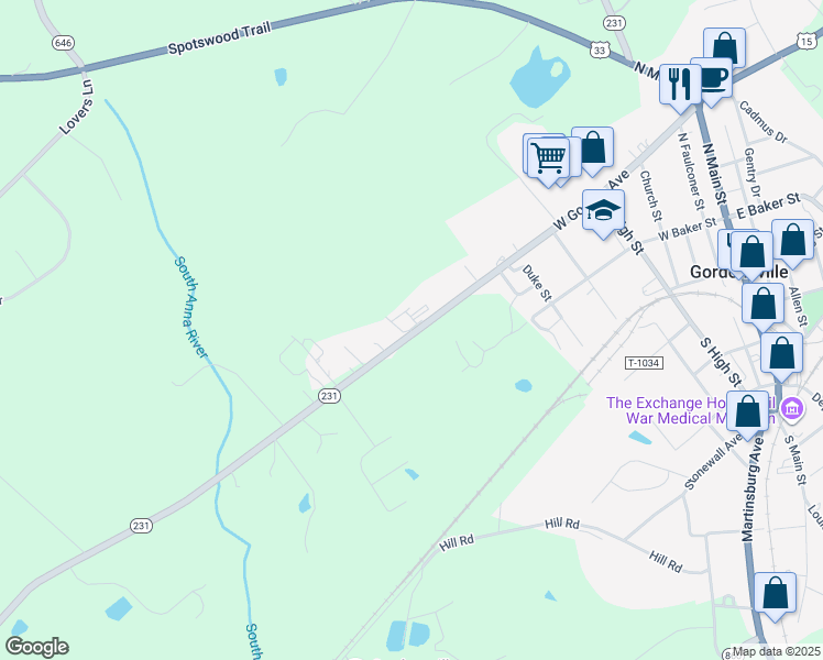 map of restaurants, bars, coffee shops, grocery stores, and more near 10271 Virginia 231 in Gordonsville