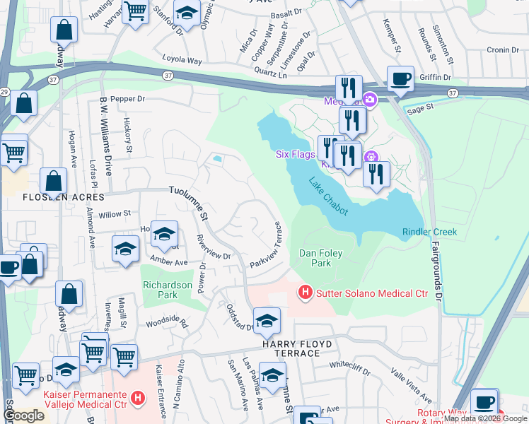 map of restaurants, bars, coffee shops, grocery stores, and more near 272 Parkview Terrace in Vallejo