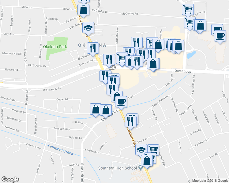 map of restaurants, bars, coffee shops, grocery stores, and more near 8019 Preston Hwy in Louisville
