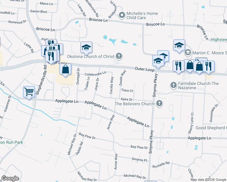 map of restaurants, bars, coffee shops, grocery stores, and more near 7805 Cecilia Way in Louisville
