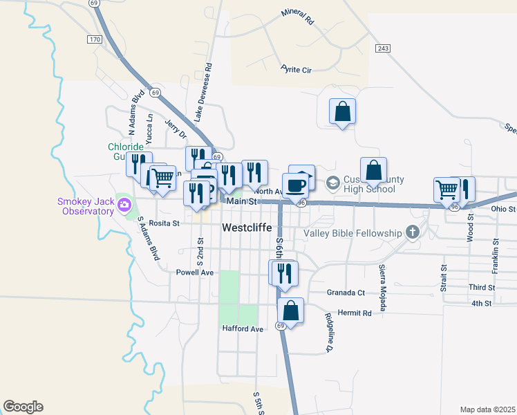map of restaurants, bars, coffee shops, grocery stores, and more near 451-499 Silver Cliff Avenue in Westcliffe