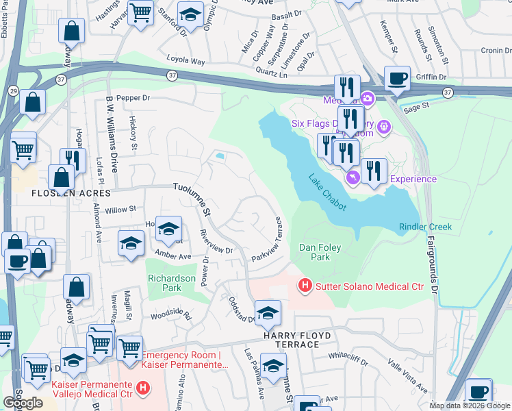 map of restaurants, bars, coffee shops, grocery stores, and more near 301 Parkview Terrace in Vallejo
