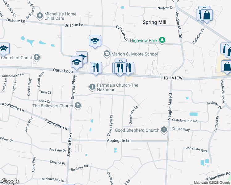 map of restaurants, bars, coffee shops, grocery stores, and more near 6456 Outer Loop in Louisville