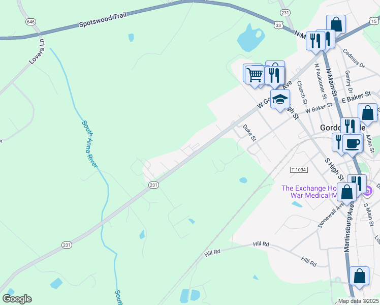 map of restaurants, bars, coffee shops, grocery stores, and more near 10271 Virginia 231 in Gordonsville